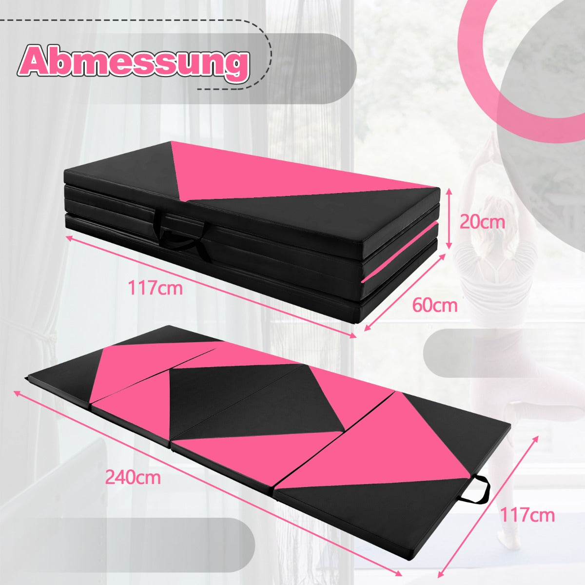 Vikbar – mjuk golvmatta Bärbar Gymnastikmatta Yogamatta och – 240 x 120 x 5 cm – Rosa och svart