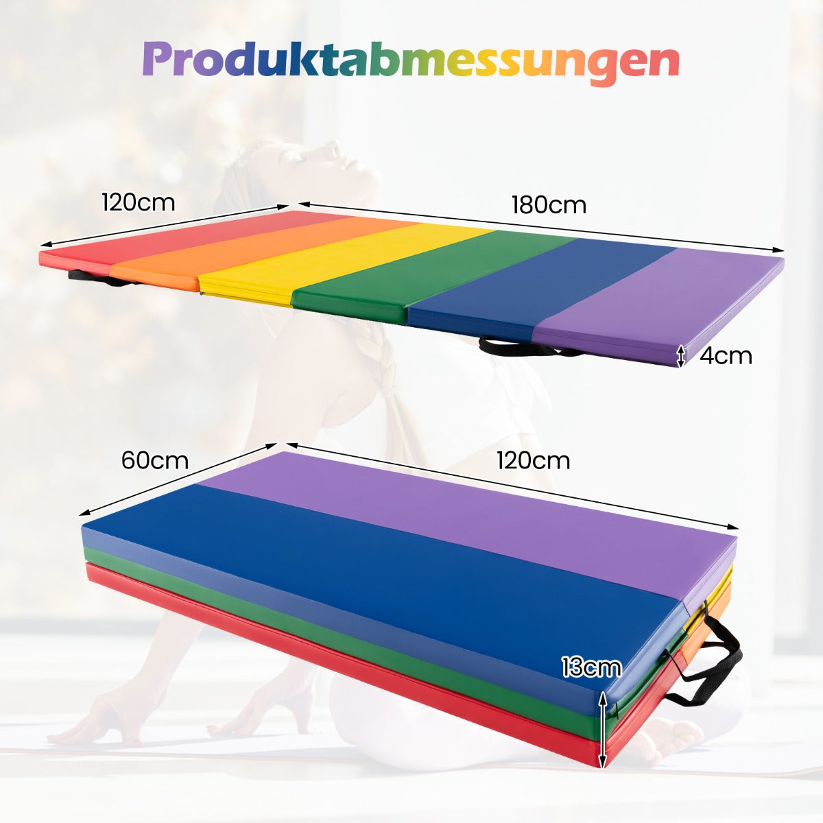 Vikbar – gymnastikmatta, mjuk golvmatta, faldig av PU med bärhandtag, – 5 180 x 120 x 4 cm – Färgglad