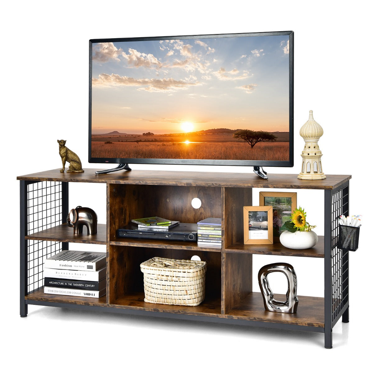 TV skåp – Lowboard med öppna fack hylla för apparater upp till tum Rustikbrun – 65 140 x 40 x 62,5 cm – Rustik brun