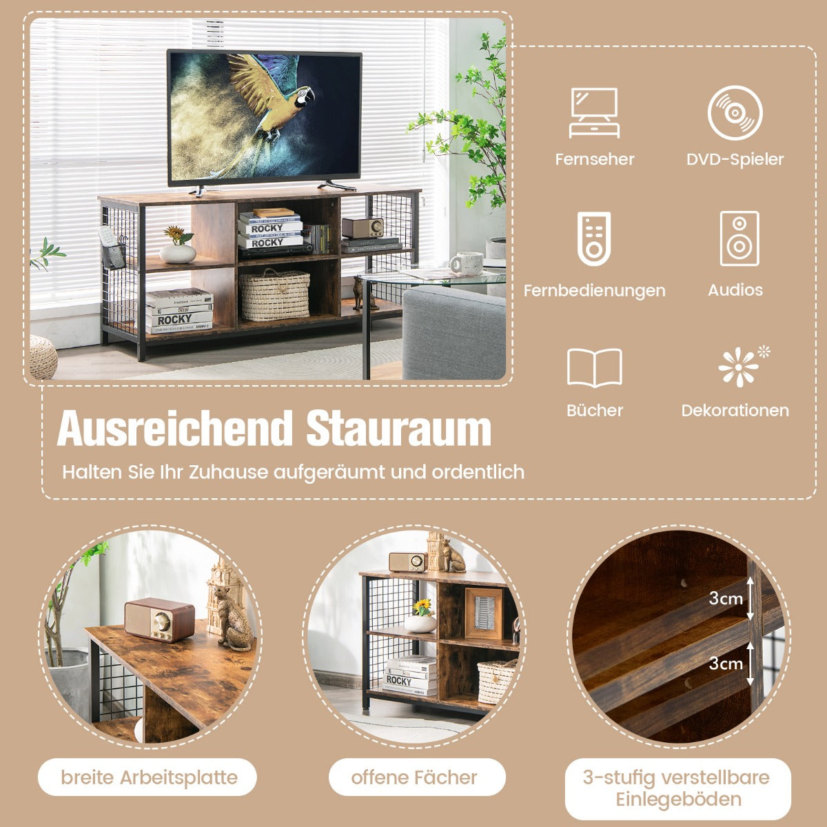 TV skåp – Lowboard med öppna fack hylla för apparater upp till tum Rustikbrun – 65 140 x 40 x 62,5 cm – Rustik brun