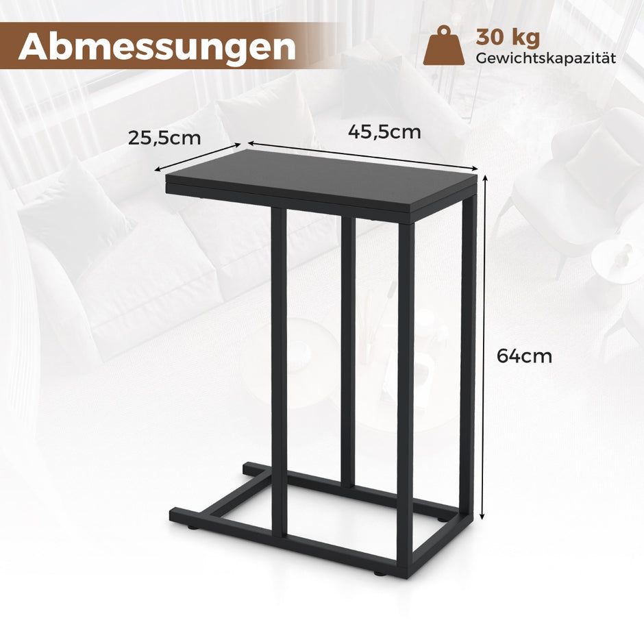 Sidobord – C format soffbord med metallram för vardagsrum – 45,5 x 25,5 x 64 cm – Svart