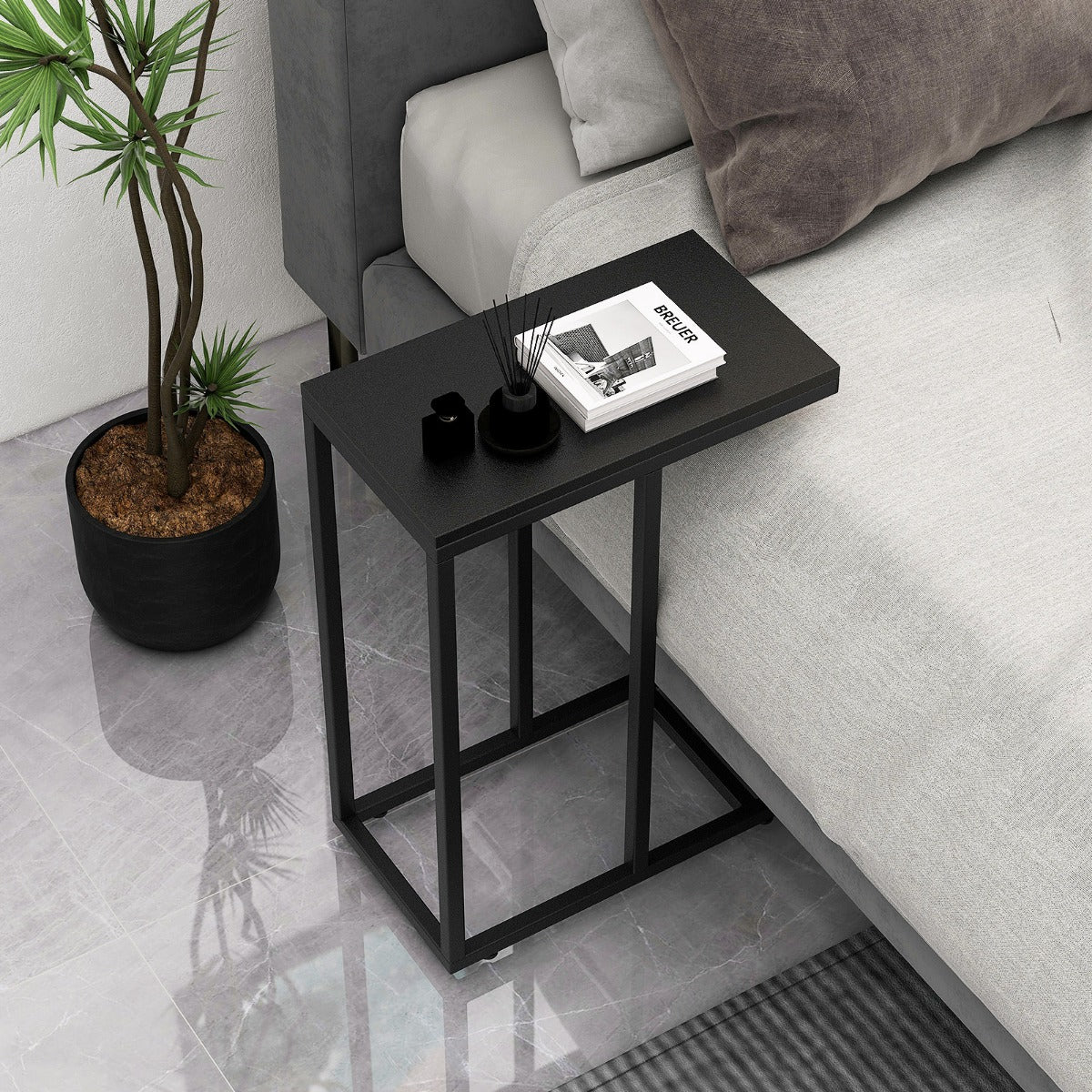 Sidobord – C format soffbord med metallram för vardagsrum – 45,5 x 25,5 x 64 cm – Svart