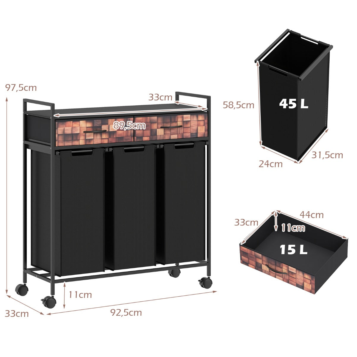 facks – tvättkorg 135L med hjul, lådor och tvättpåsar för badrum vardagsrum + rustikt brunt – 3 – Brun + svart