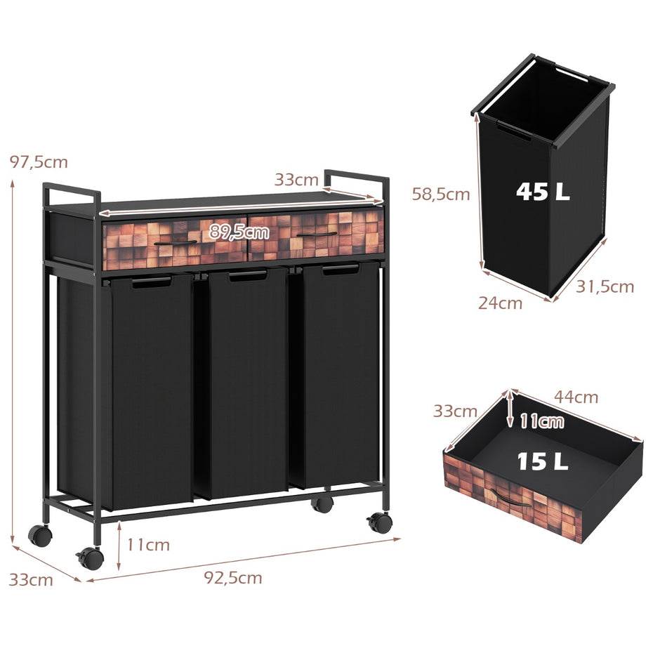 facks – tvättkorg 135L med hjul, lådor och tvättpåsar för badrum vardagsrum + rustikt brunt – 3 – Brun + svart