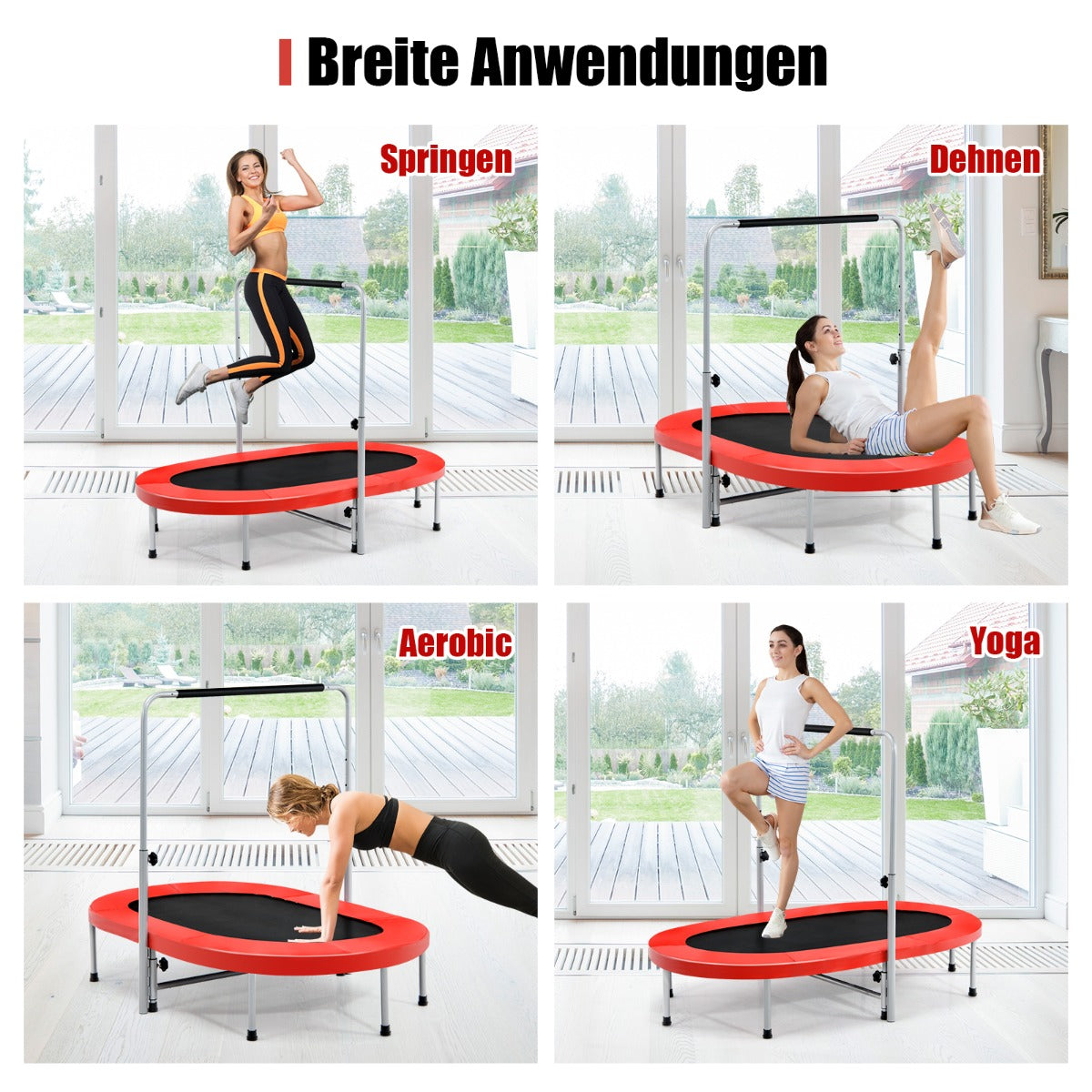 Dubbel – studsmatta hopfällbar med justerbar ledstång – 154 x 90 x 92-132 cm – Röd