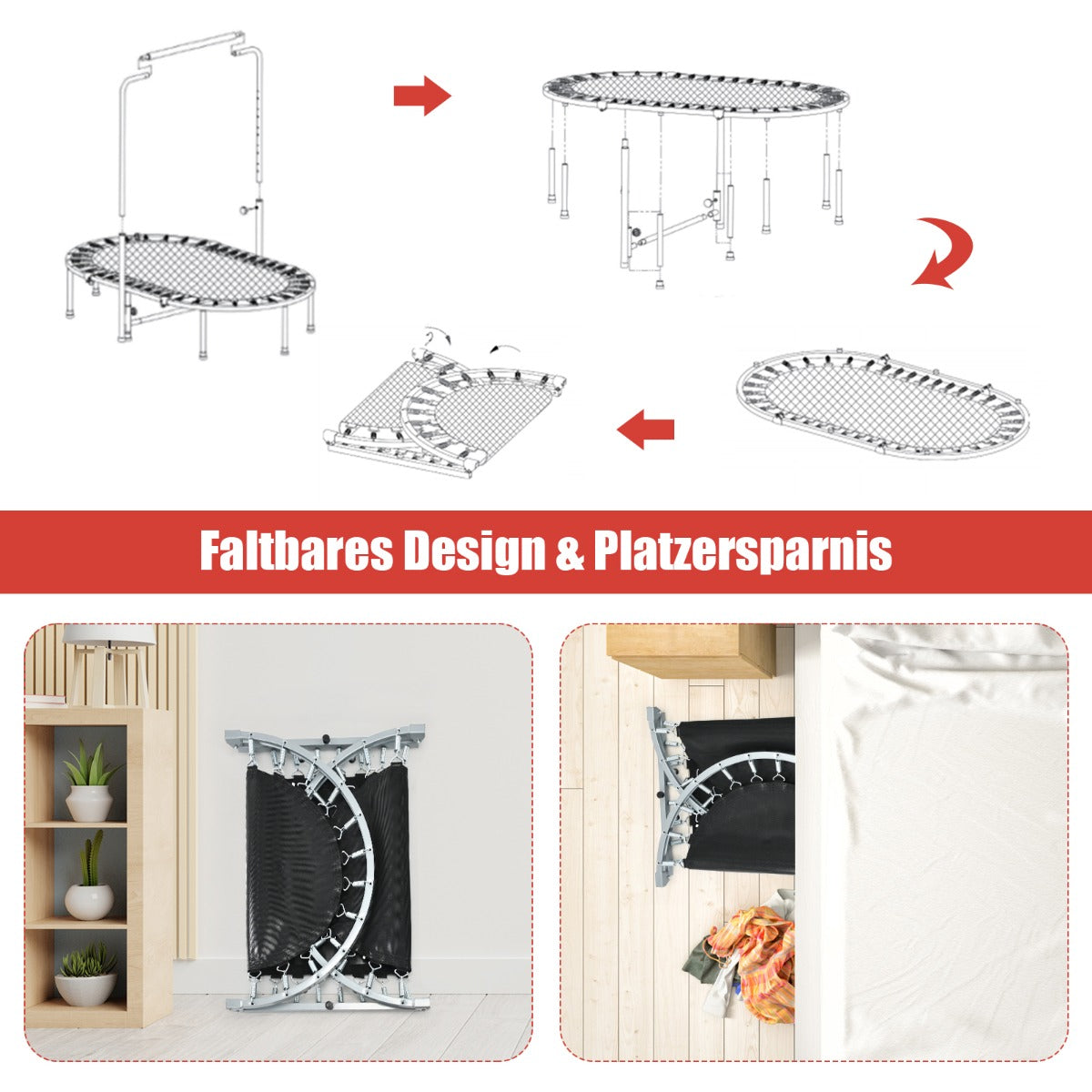 Dubbel – studsmatta hopfällbar med justerbar ledstång – 154 x 90 x 92-132 cm – Röd