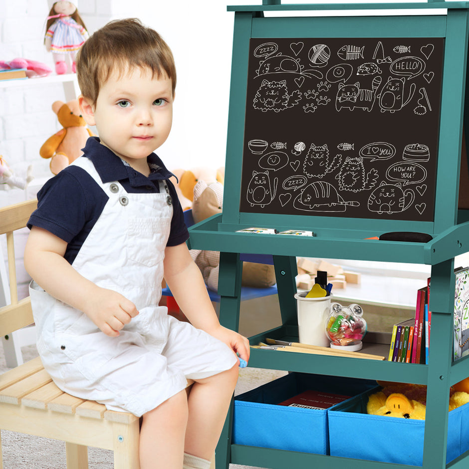i – barnstafli Barntavla Dubbelsidig whiteboard och svarta ritpapper – 3 1 59 x 50 x 117 cm – Blå