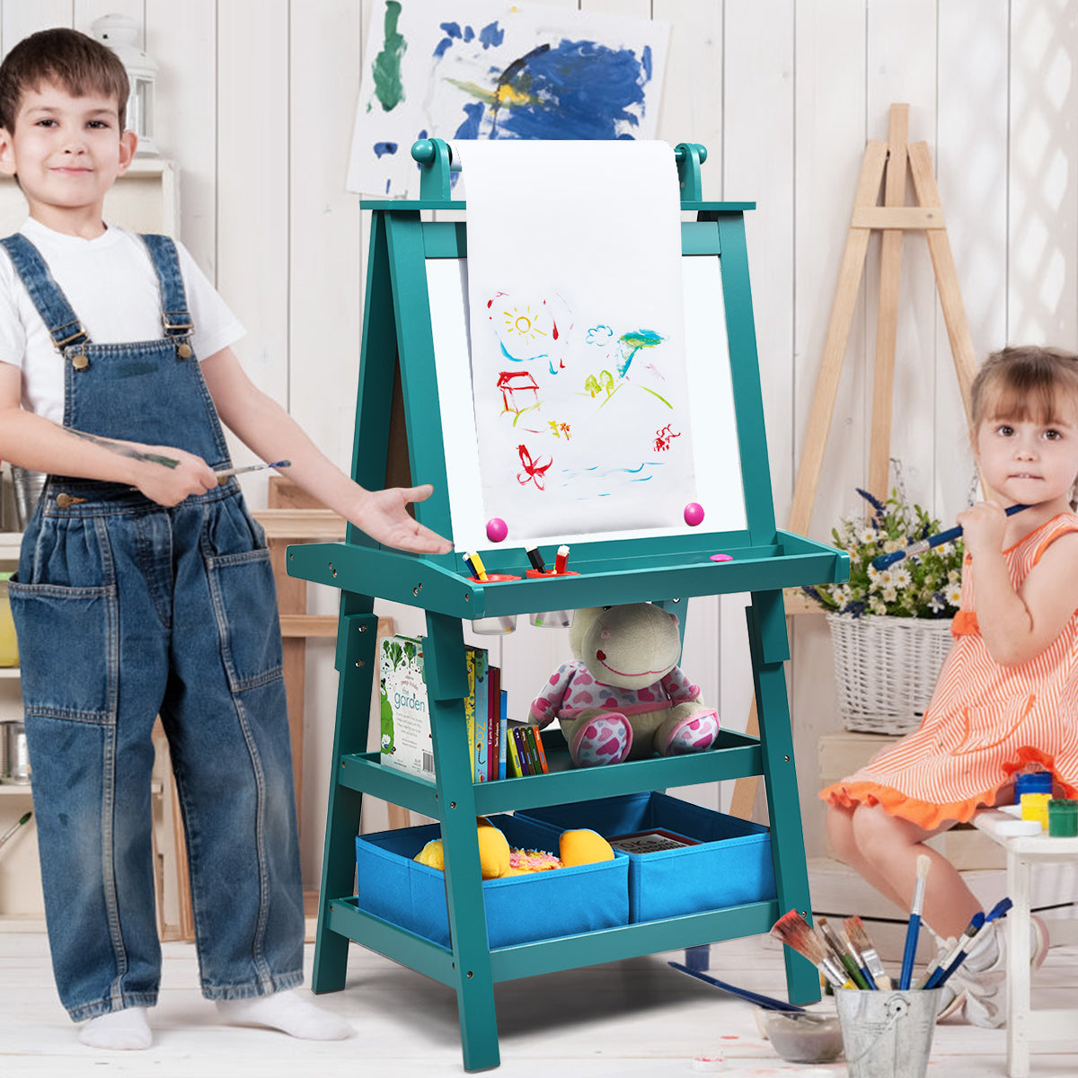 i – barnstafli Barntavla Dubbelsidig whiteboard och svarta ritpapper – 3 1 59 x 50 x 117 cm – Blå