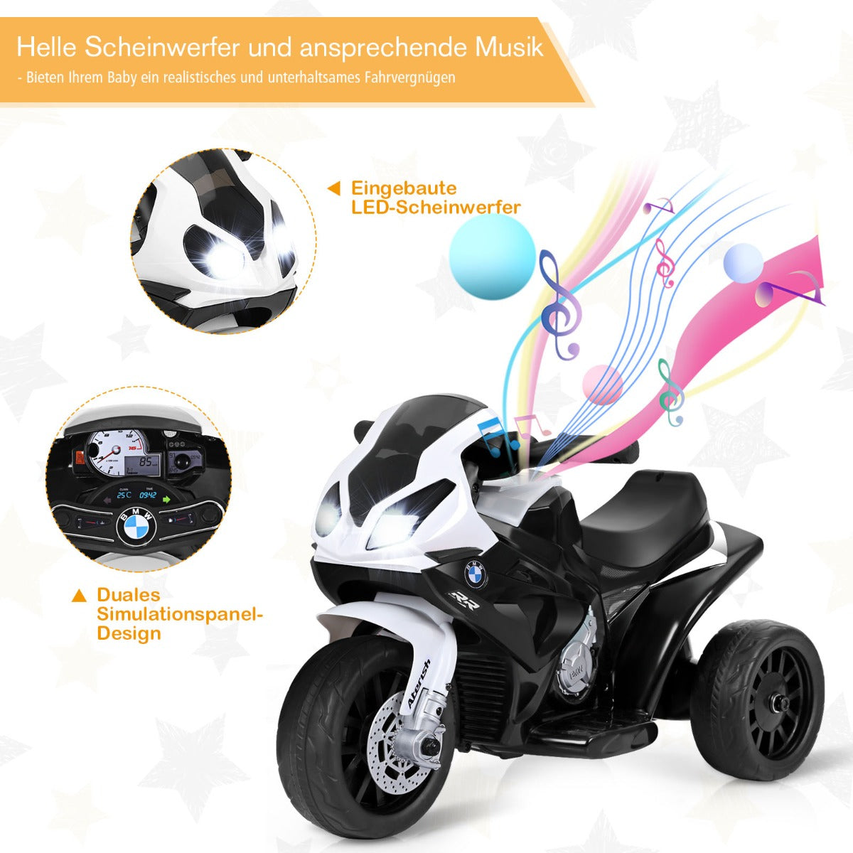 Barnmotorcykel – 6v Barnfordon med musik + – 66 x 37 x 44,5 cm – Svart och vit