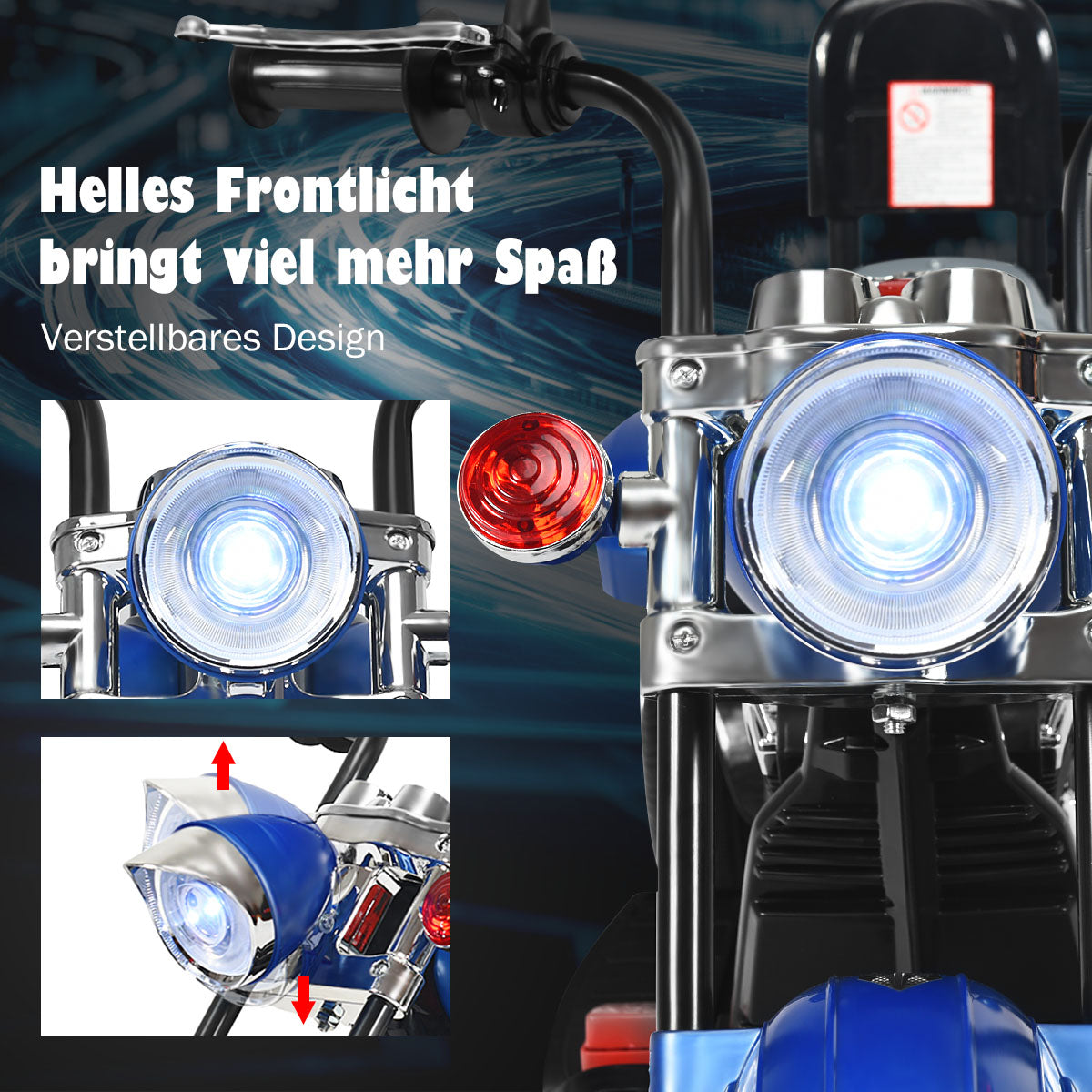 6V – elmotorcykel med justerbar strålkastare + – 91 x 48 x 64 cm – Blå