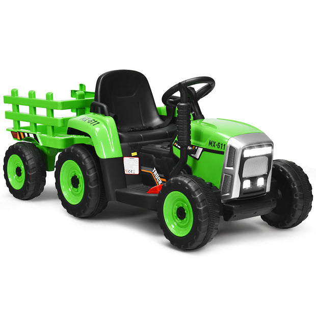 växlad – barntraktor 12V åktraktor med avtagbar släpvagn och LED lampor Horn USB funktioner – 3 – Grön