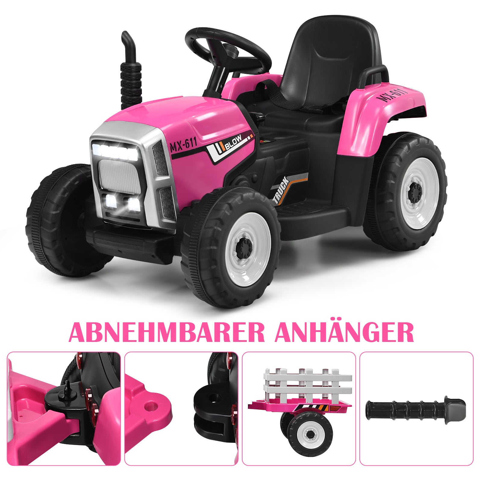 12V – barntraktor med släp Elektrisk leksaksbil – 135 x 51 x 53 cm – Rosa