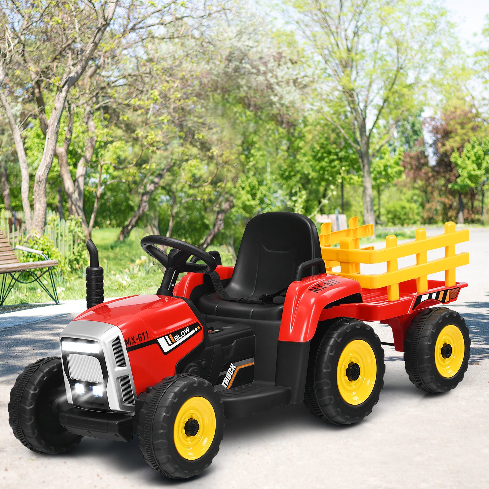 växlad – barntraktor 12V åktraktor med avtagbar släpvagn – 3 – Röd