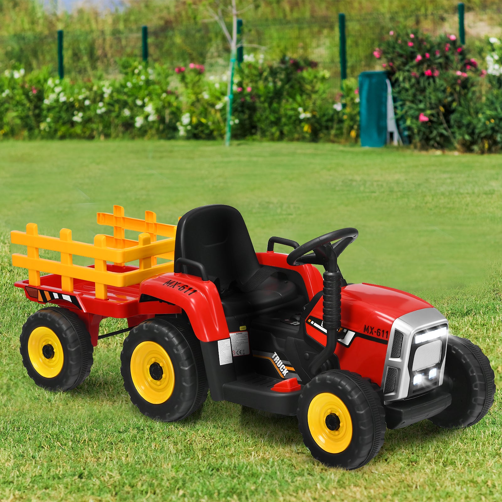 växlad – barntraktor 12V åktraktor med avtagbar släpvagn – 3 – Röd