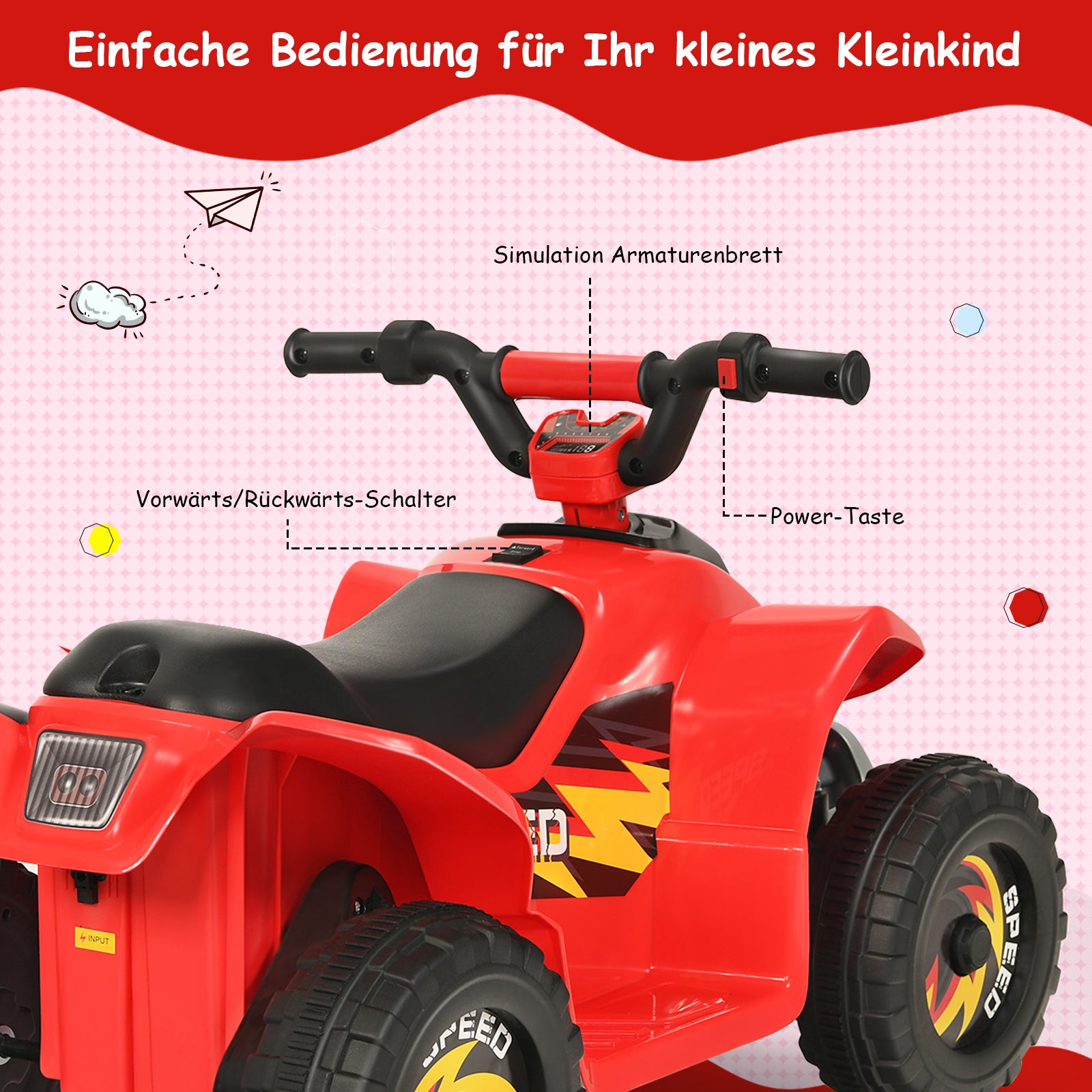 6V – Electric Kids Quad Mini Barnbil – 73 x 40 x 44,5 cm – Röd