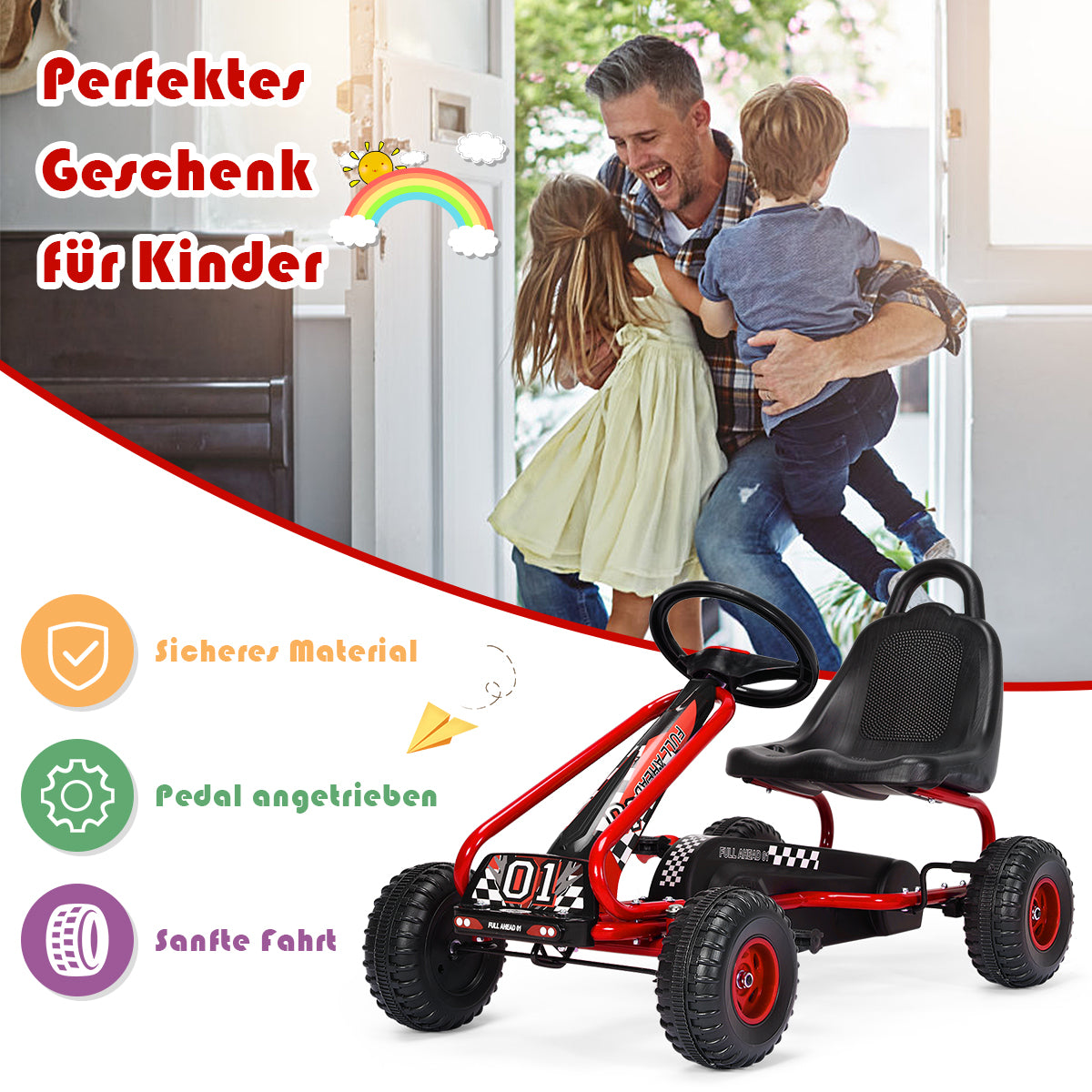 Gokart – med justerbar sits och handbromspedal Bil upp till lastkapacitet Go Cart – 30 kg – Röd