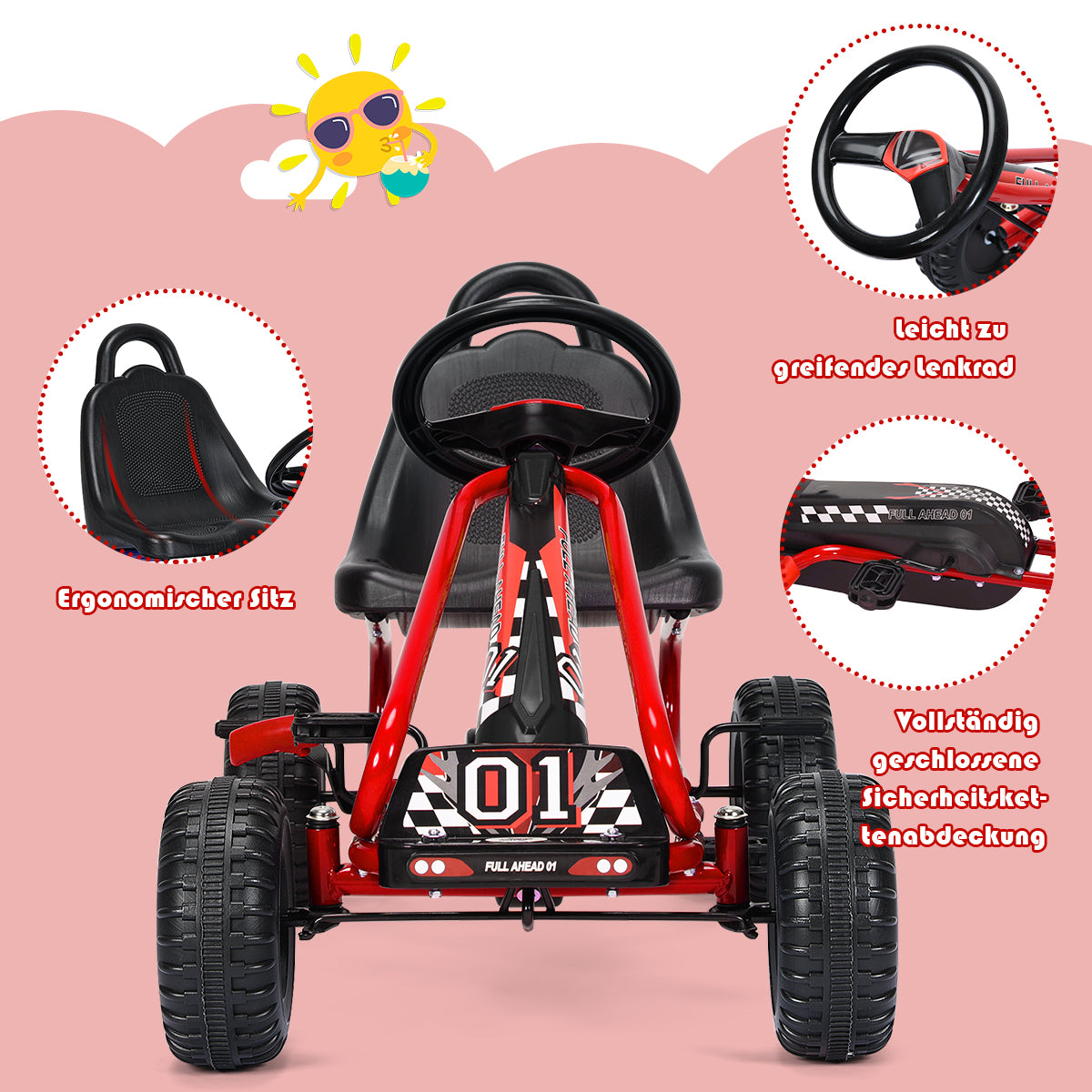 Gokart – med justerbar sits och handbromspedal Bil upp till lastkapacitet Go Cart – 30 kg – Röd
