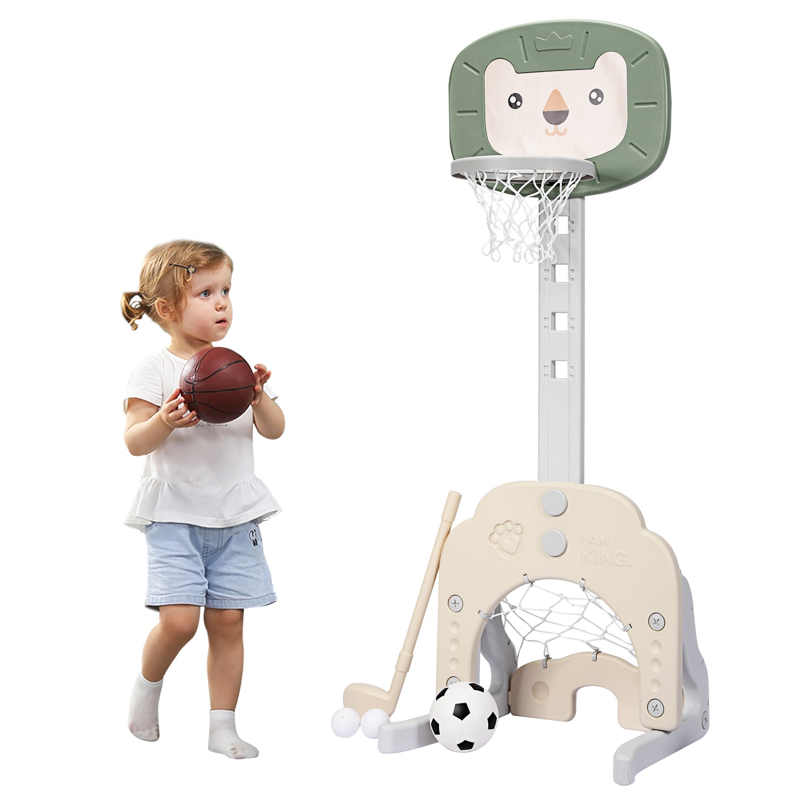 i – basketbågesats för småbarnsbasketbåge med justerbar höjd Basketfotbollsgolfset + – 3 1 – Grön och vit