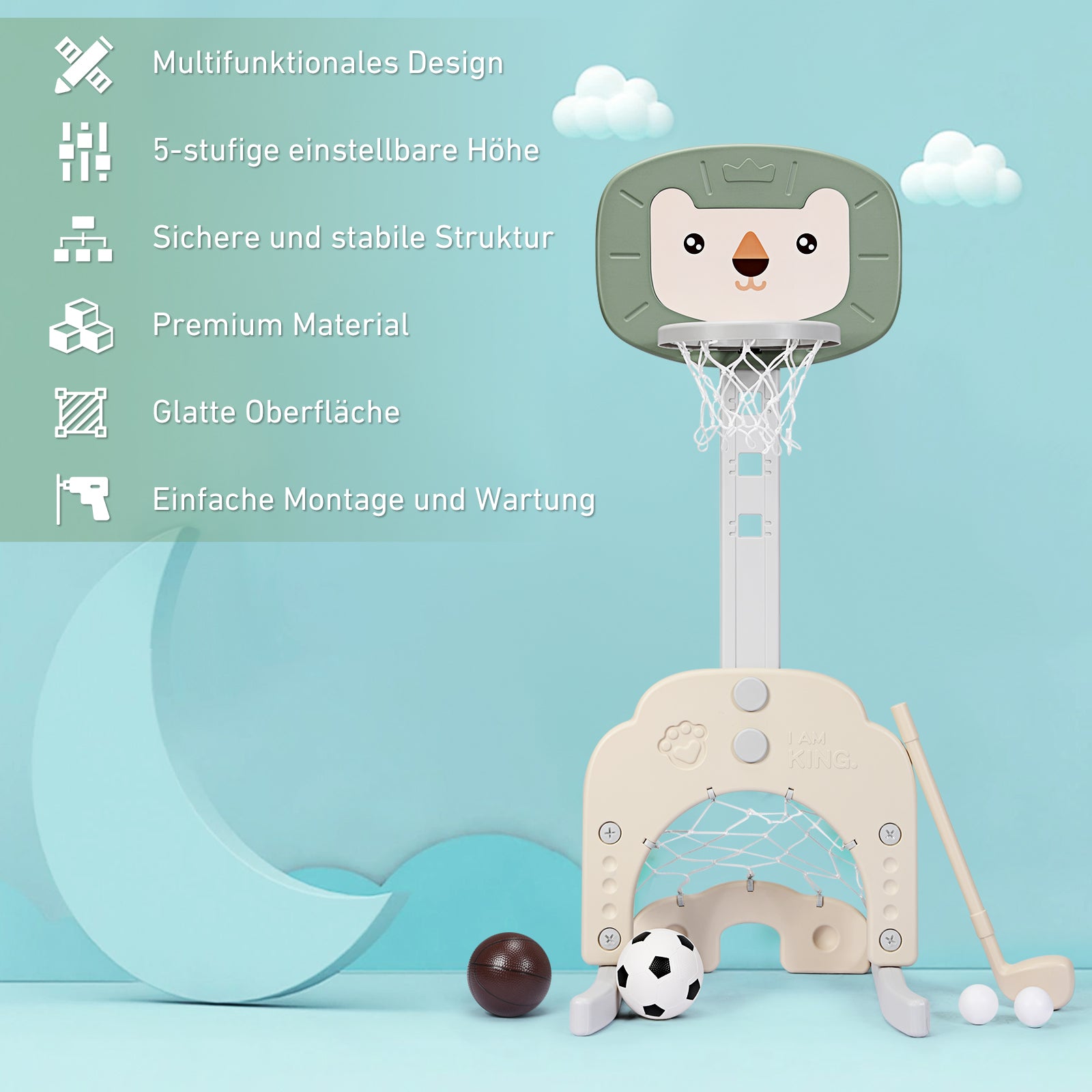 i – basketbågesats för småbarnsbasketbåge med justerbar höjd Basketfotbollsgolfset + – 3 1 – Grön och vit