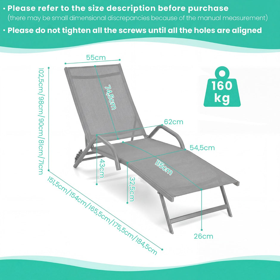 pack – läges justerbara terrasslounger med andningsbar sits för utomhus – 2 5 – Grå