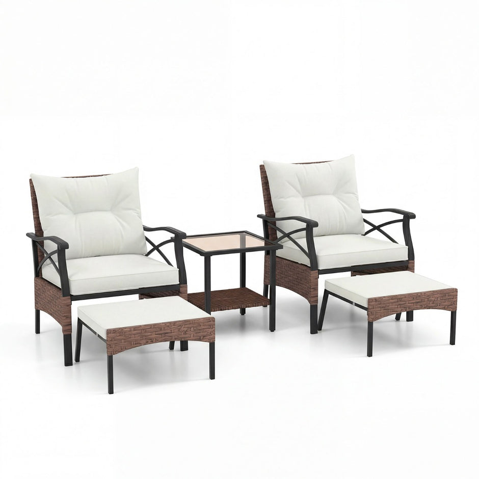 teiliges – Terrassenmöbel Set aus Korbgeflecht Outdoor Rattanstühle mit Ottomanen – 5 – Beige