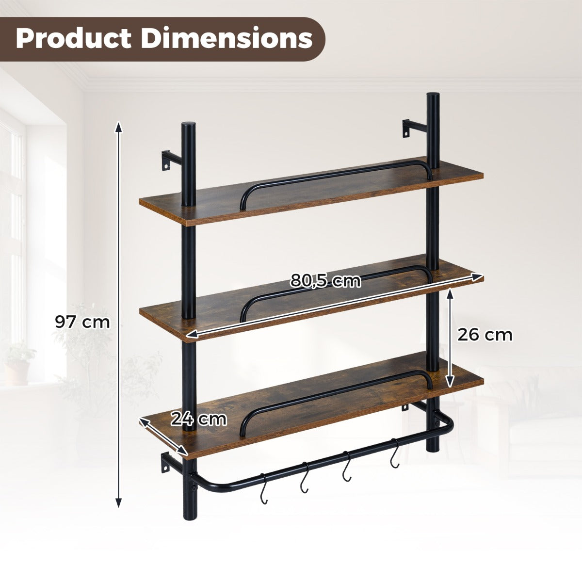 nivåers – flytande rörhylla Vägghylla med S formade krokar utan belysning – 3 4 80,5 x 24 x 97 cm – Rustik brun