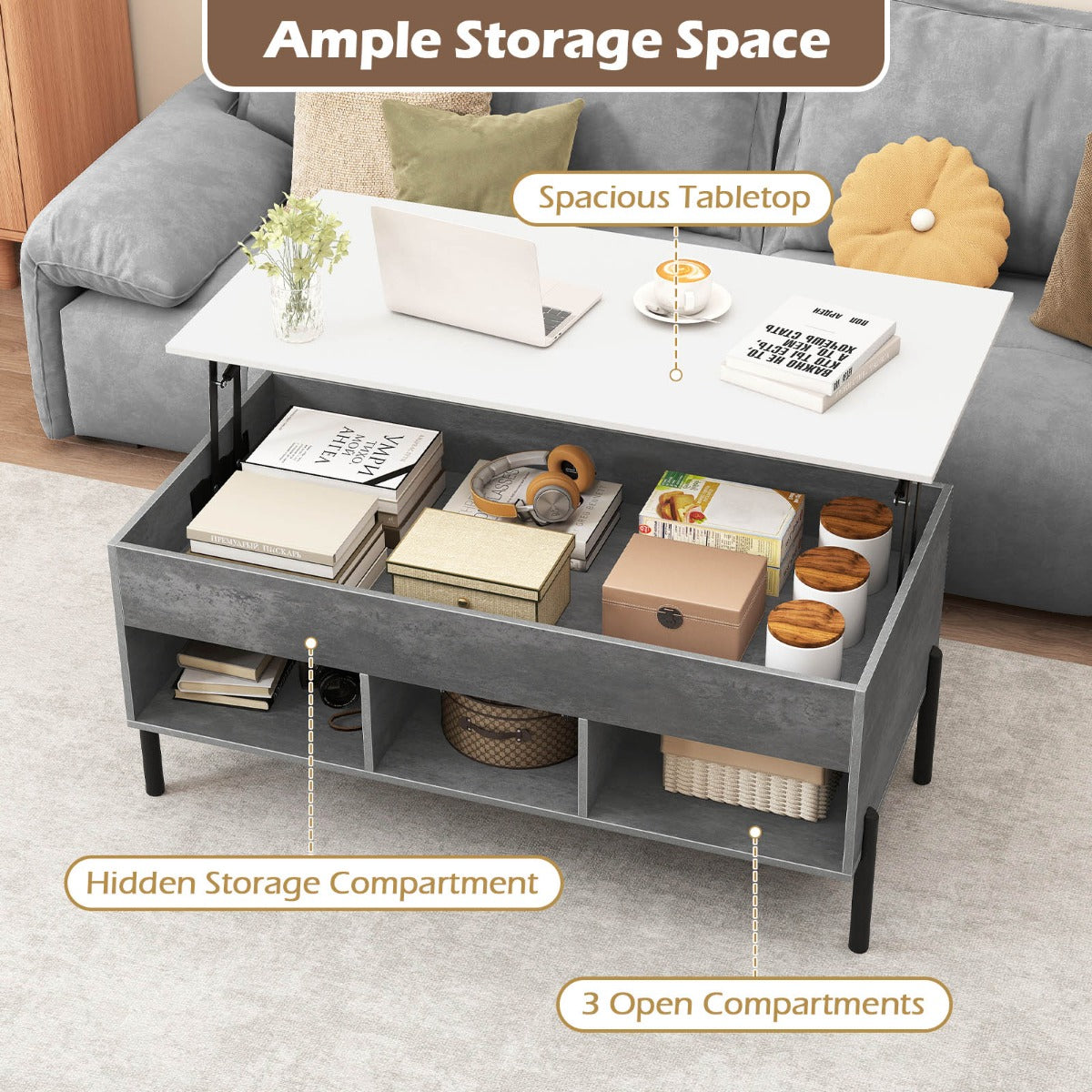 Höjbart – soffbord kaffebord med bordsskiva öppna hyllor – 3 100 x 50 x 45/59 cm – Grå