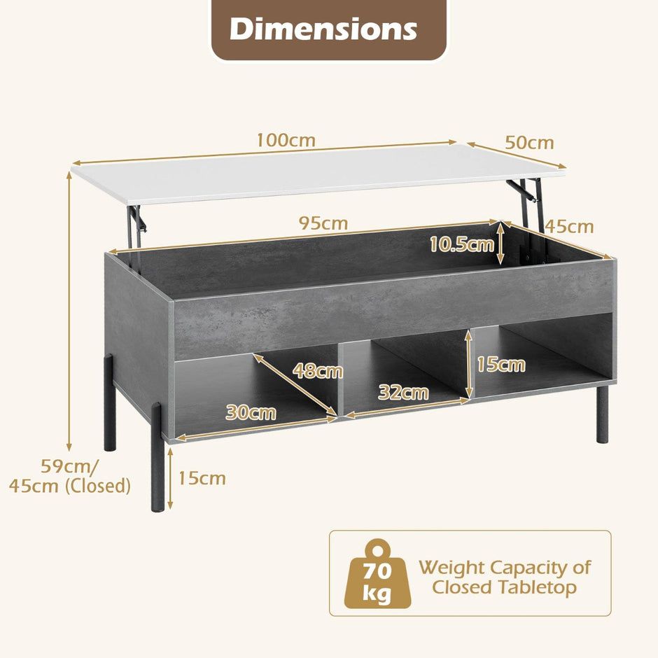 Höjbart – soffbord kaffebord med bordsskiva öppna hyllor – 3 100 x 50 x 45/59 cm – Grå