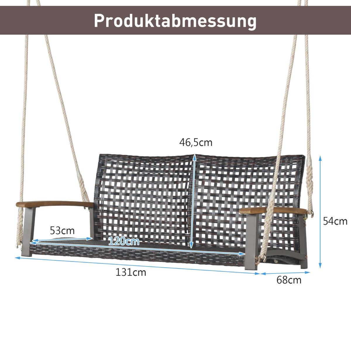Svängbänk – för utomhusbruk Hängbänk av PE rotting med rep – 2 131 x 68 x 54 cm – Grå