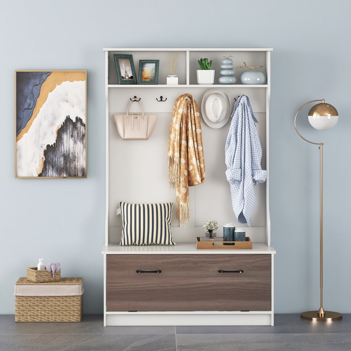 Klädstativ – med bänk och dubbla krokar klädhängare Hall – 5 100 x 40 x 160 cm – Vit