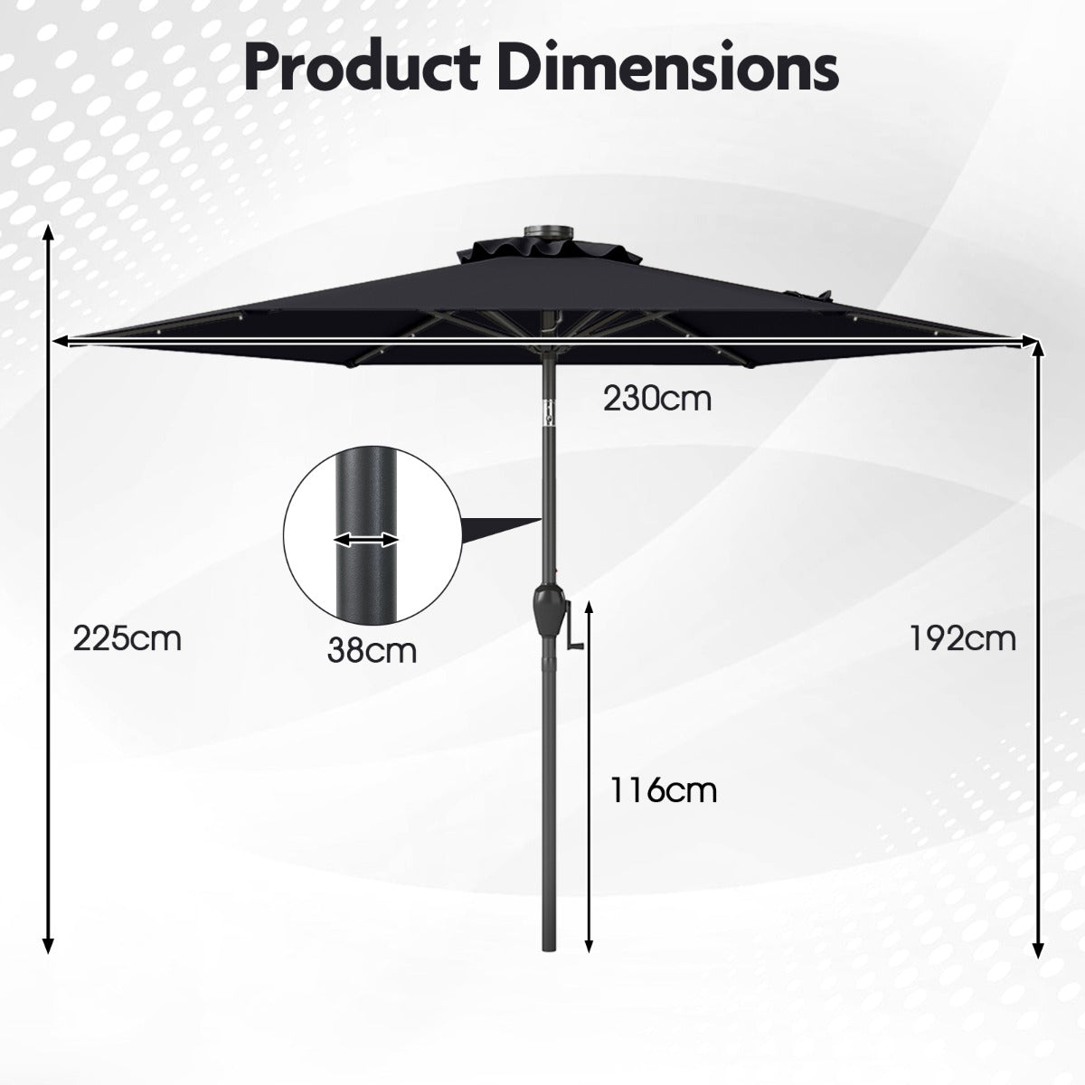 Parasoll – med LED solcellsbelysning och vev, trädgårdsparassoll, marknadsparassoll – 230 cm – Svart