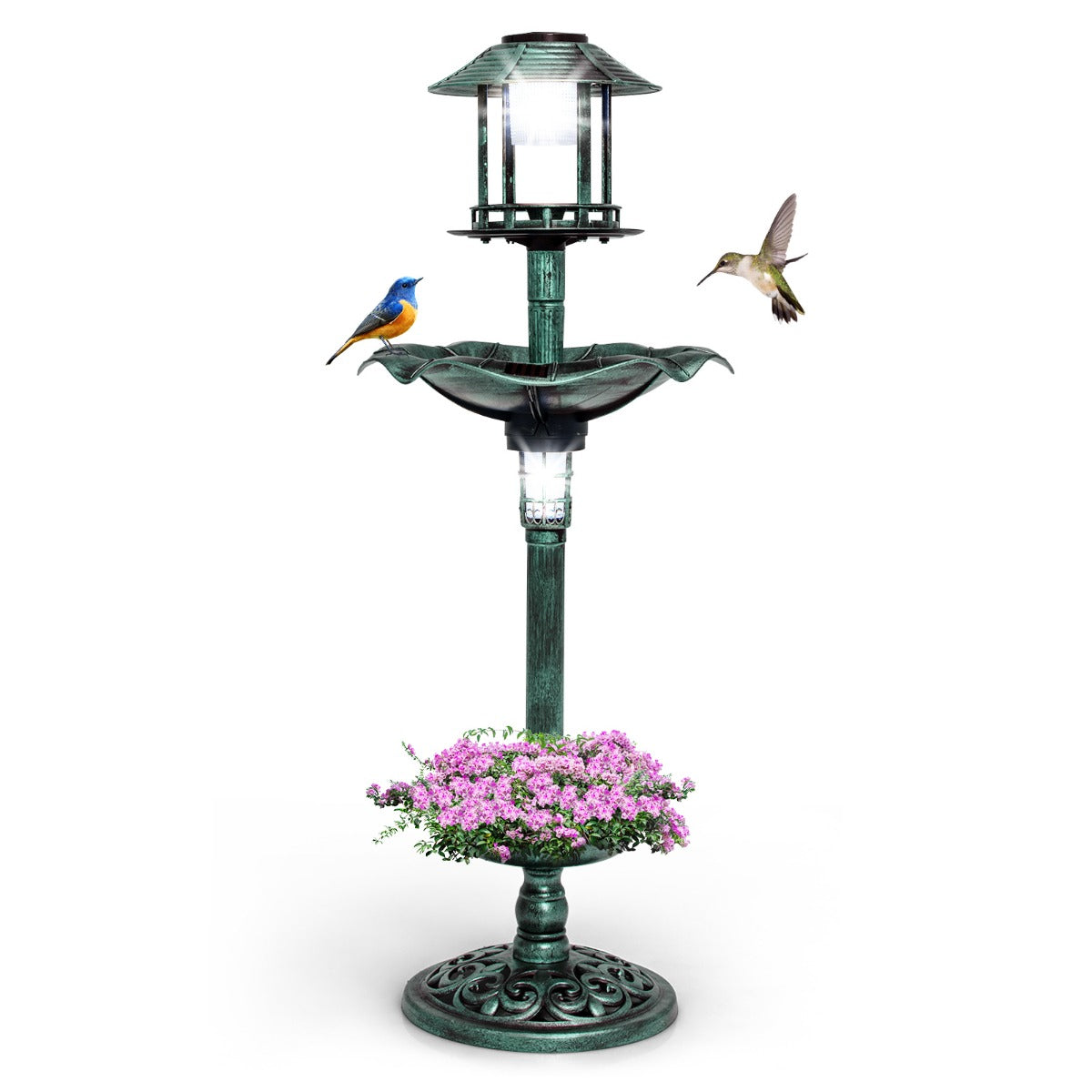 Fågelbad – med Solar Light Blomkruka Fågelmatare – Ø 43 x 110 cm – Grön