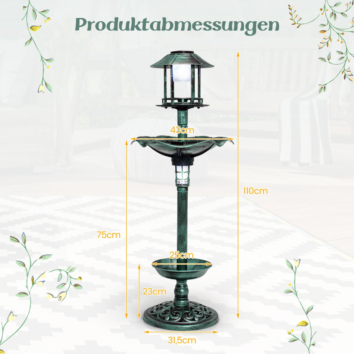 Fågelbad – med Solar Light Blomkruka Fågelmatare – Ø 43 x 110 cm – Grön