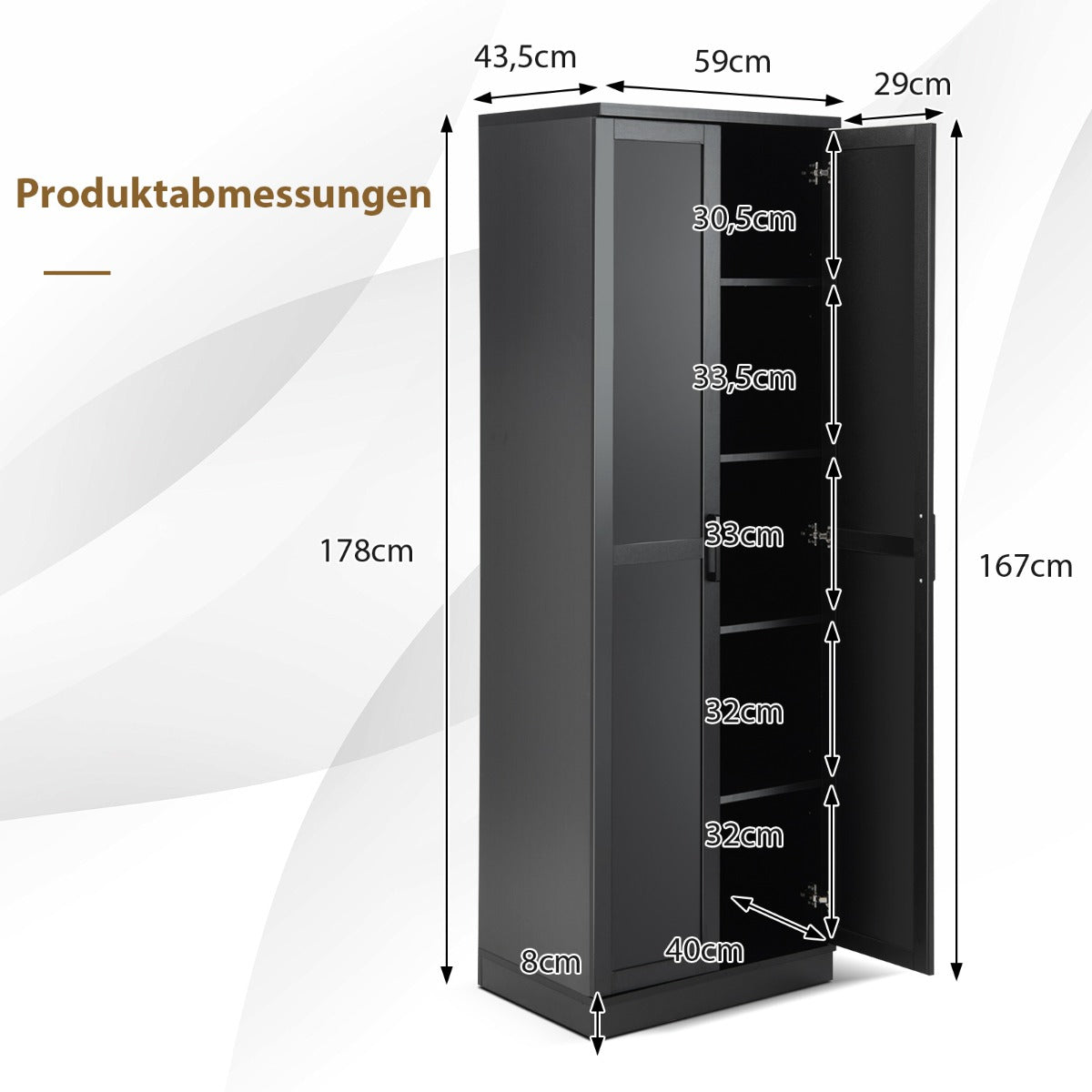 vånings – högt skåp med dörrar och justerbara hyllor tippskydd – 5 2 178 cm – Svart