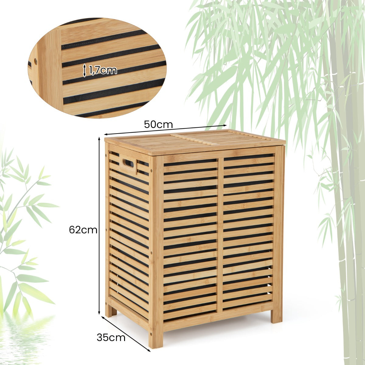 80L – tvättkorg med lock och avtagbar tvättbar tvättpåse Bambu tvättuppsamlare – Natur