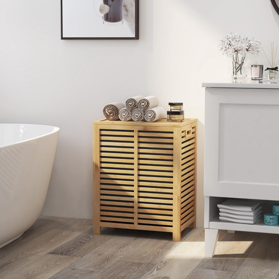 80L – tvättkorg med lock och avtagbar tvättbar tvättpåse Bambu tvättuppsamlare – Natur