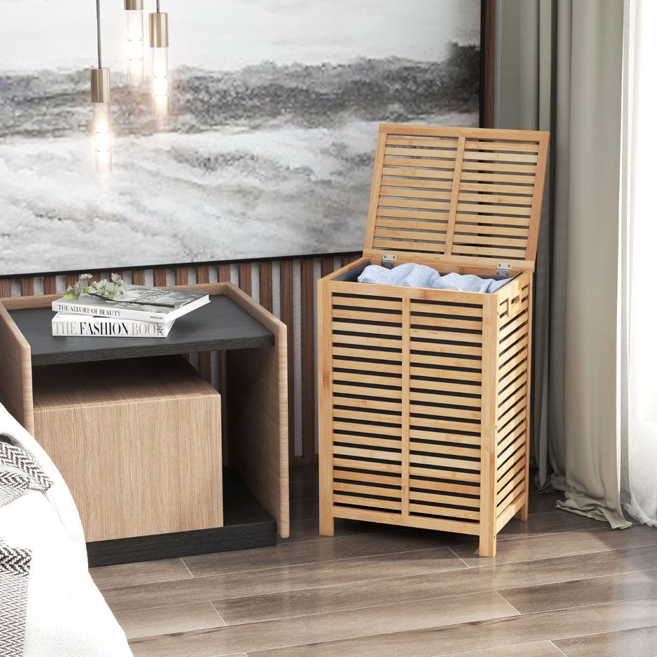 80L – tvättkorg med lock och avtagbar tvättbar tvättpåse Bambu tvättuppsamlare – Natur