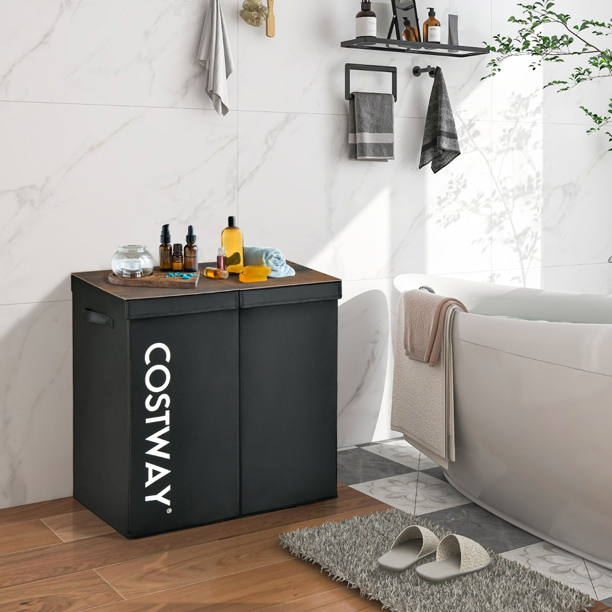 115L – fack tvättkorg av fibertyg med lock och handtag – 2 62 x 31 x 60 cm – Svart