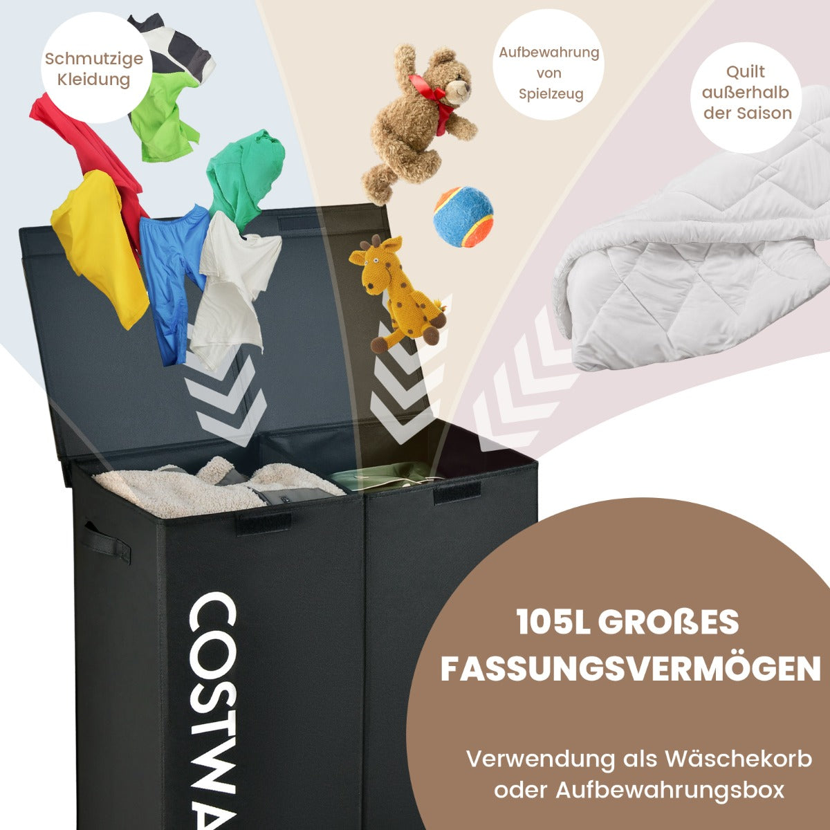 115L – fack tvättkorg av fibertyg med lock och handtag – 2 62 x 31 x 60 cm – Svart