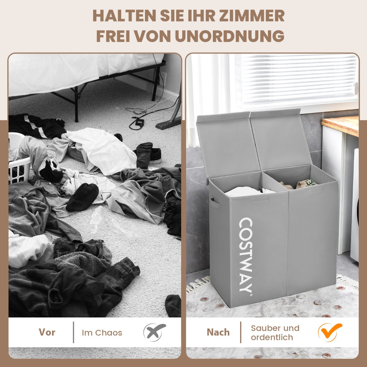 115L – fack tvättkorg av fiberduk med lock och handtag – 2 62 x 31 x 60 cm – Grå