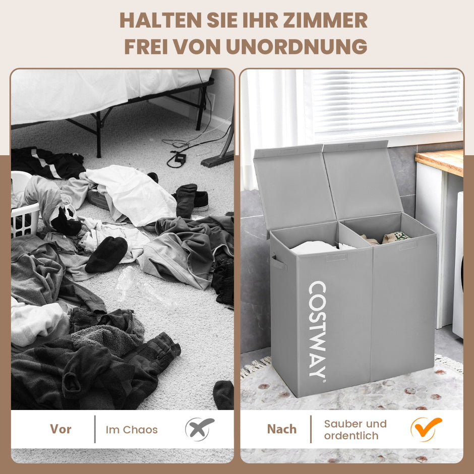 115L – fack tvättkorg av fiberduk med lock och handtag – 2 62 x 31 x 60 cm – Grå