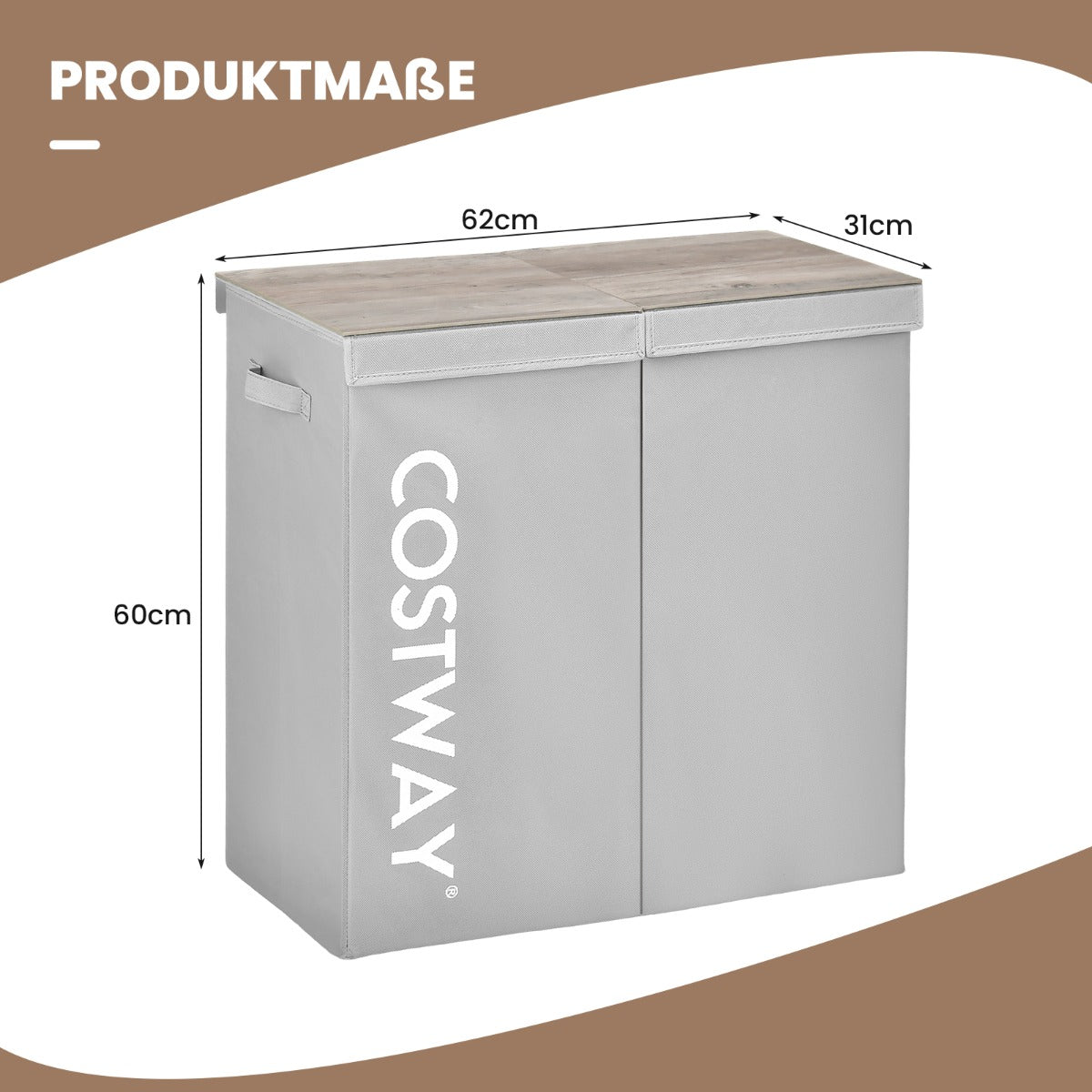 115L – fack tvättkorg av fiberduk med lock och handtag – 2 62 x 31 x 60 cm – Grå