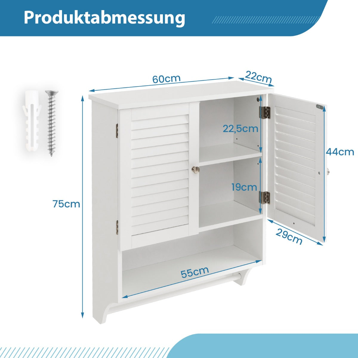 Väggskåp – Hängande medicinskåp med bländskyddsdörrar – 2 58 x 22 x 75 cm – Vit
