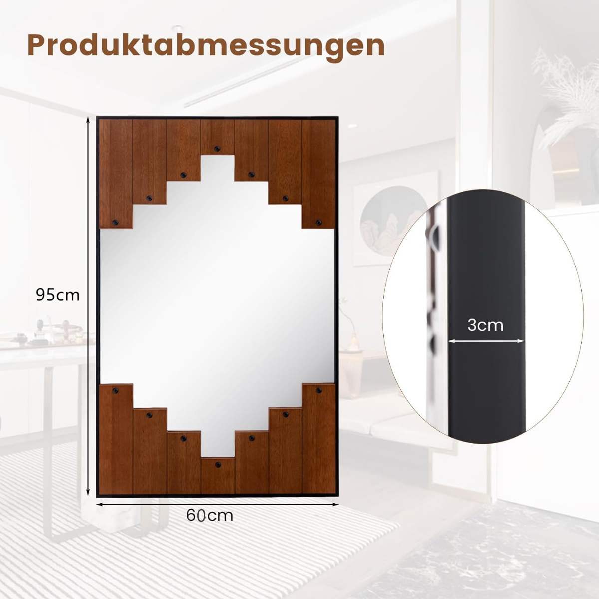 Rektangulär – spegel med träram rustik tvåvägskrok – 60 x 95 cm – Trä