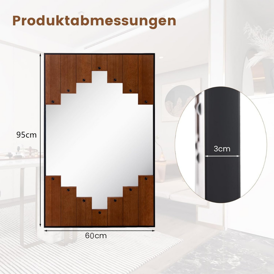 Rektangulär – spegel med träram rustik tvåvägskrok – 60 x 95 cm – Trä