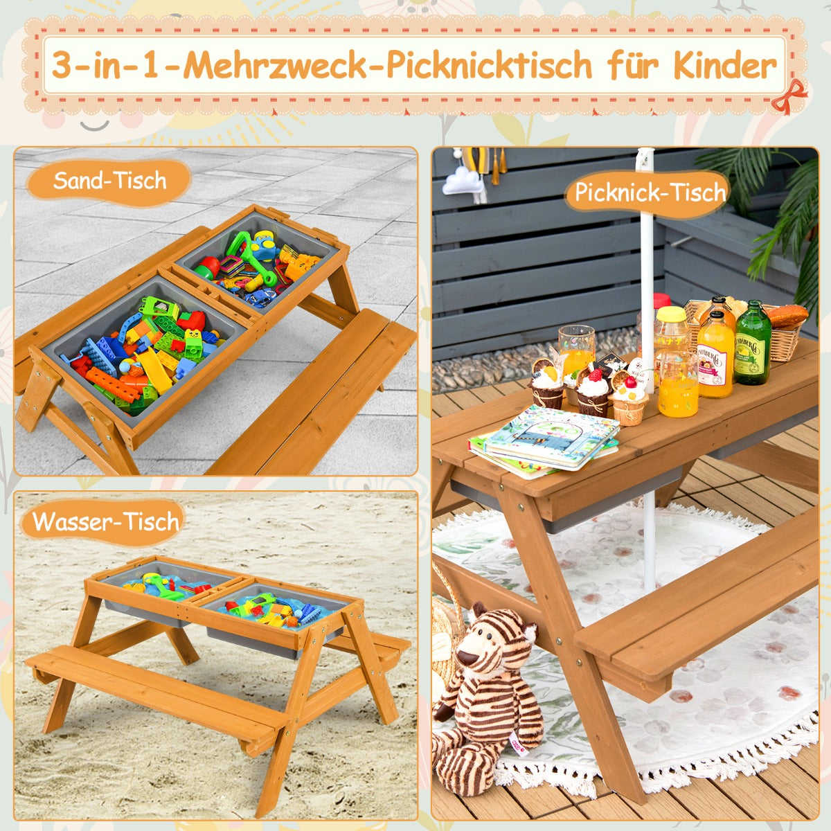i – utomhus picknickbord vatten och sandbord med lekboxar paraply natur vitt – 3 1 – Vit