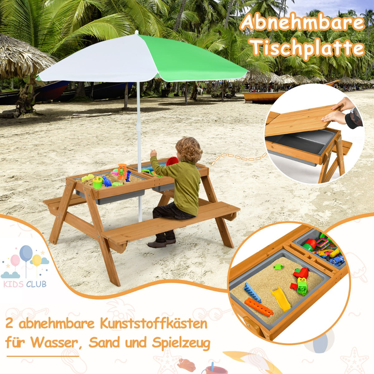 i – utomhus picknickbord vatten och sandbord med lekboxar paraply natur vitt – 3 1 – Vit