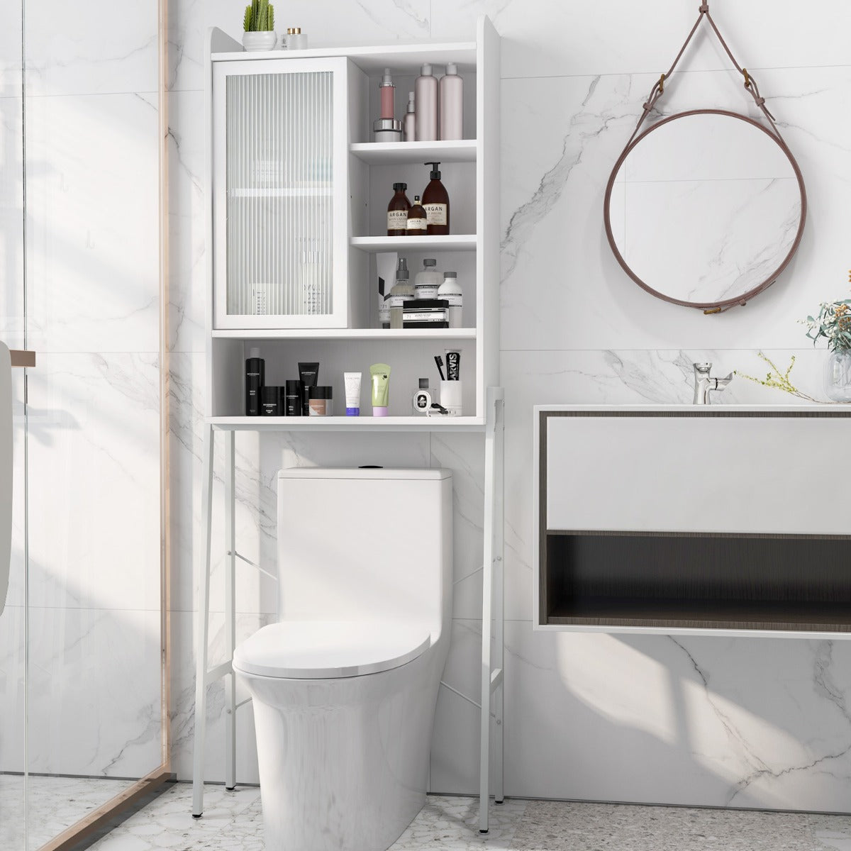 Toalettskåp – med skjutdörr i akryl och ställbara hyllor – 63 x 29 x 170 cm – Vit