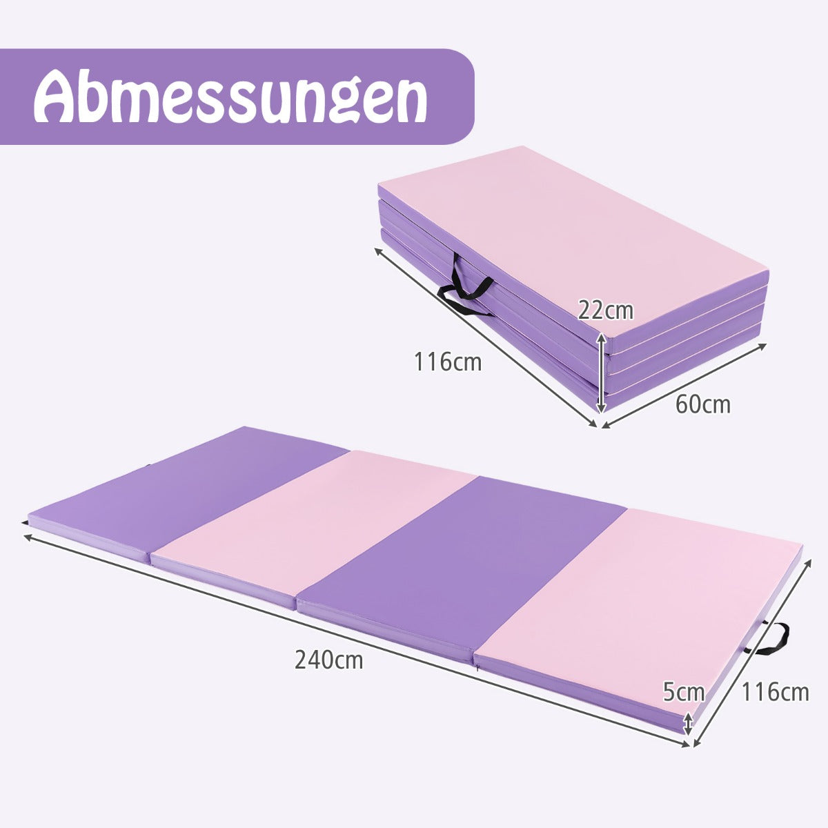 Vikbar – mjuk golvmatta med kardborrefäste och bärhandtag – 2 240 x 120 x 5 cm – Lila och rosa