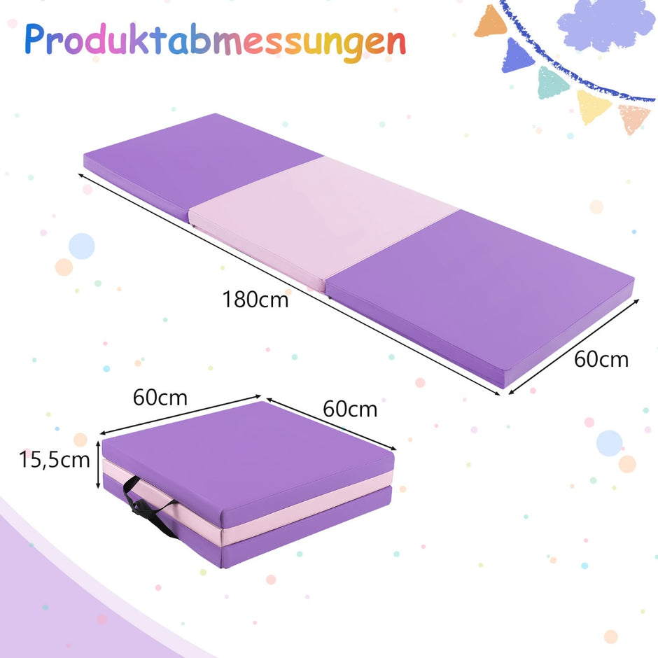 Vikbar – mjuk golvmatta med handtag Halkfri gymnastikmatta + – 2 180 x 60 x 5 cm – Lila och rosa